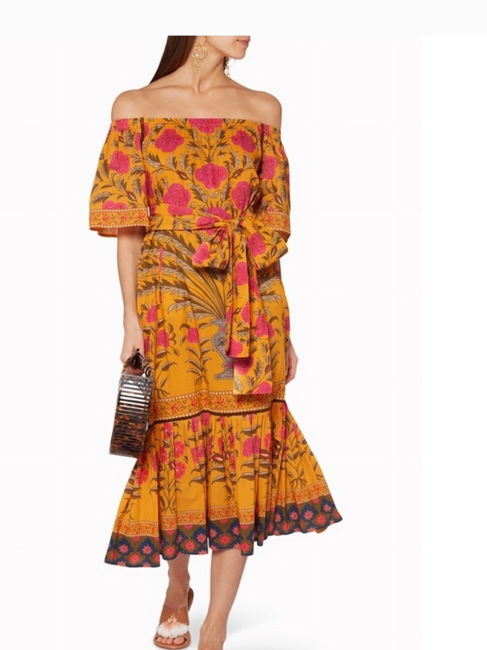 RHODE Jay Off Shoulder Floral Midi Dress XS / S Orange Pink Cotton Resort Dress